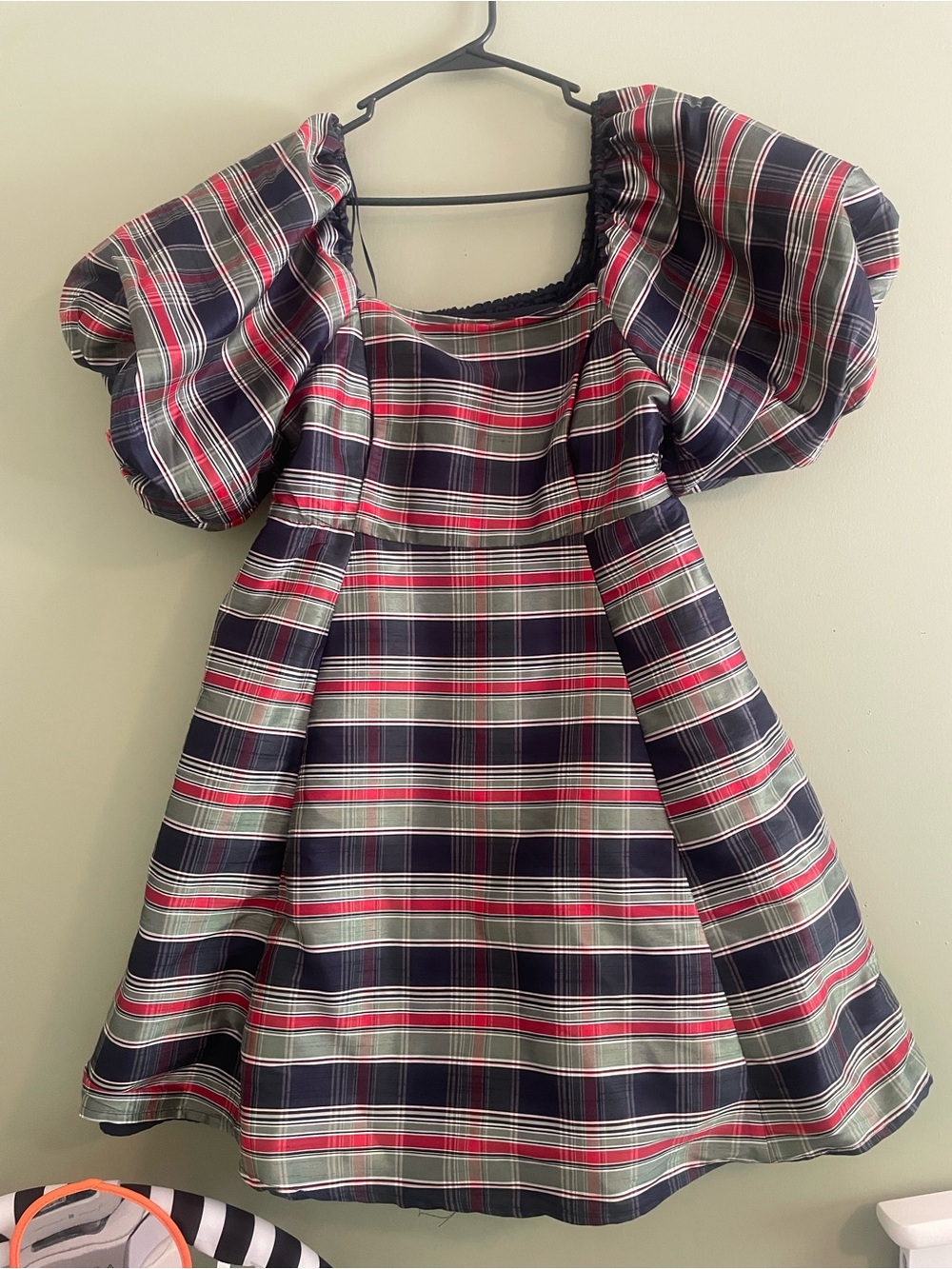 Navy and Red Plaid Puff-Sleeve Dress